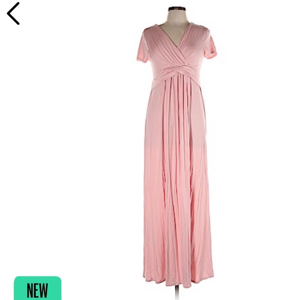 V-Neck Short-Sleeved Pink Maternity Long Dress